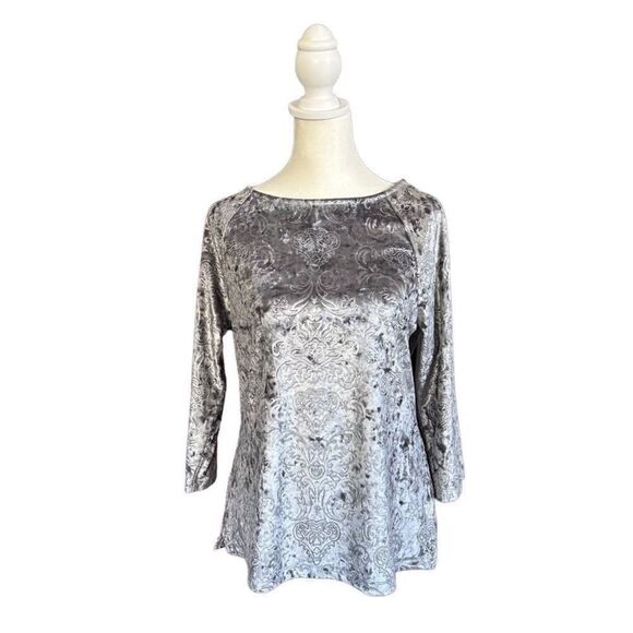 Chico’s Velvet Floral Swirl 3/4 Sleeve Fitted Split Hem Top Green Size Small - Picture 1 of 10
